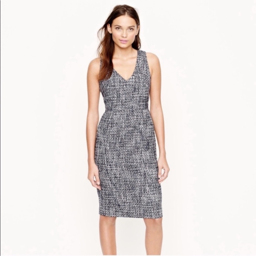 J. Crew Black and White Tweed Midi Dress V-Neck Sleeveless